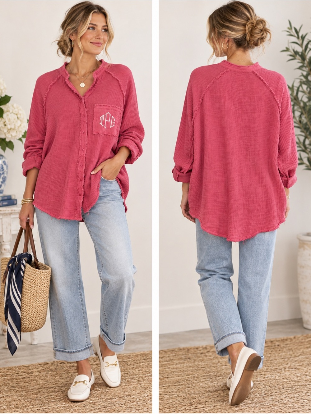 MarleyLilly Pink Button-Front Coastal Gauze Preppy Resort Long Sleeve Shirt S/M
